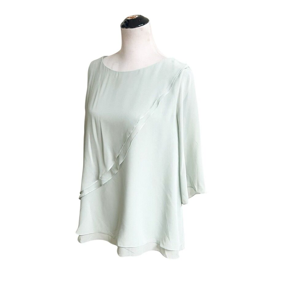 Number Sea Women’s Ruffled 3/4 Blouse Size 12 Seafoam Zipper Back Office Dressy - Picture 2 of 14
